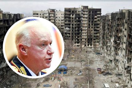 Олександр Бастрикін на тлі зруйнованого Маріуполя.